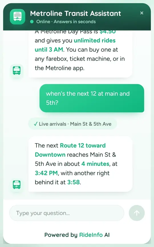 Pulse RideInfo web chat widget answering a rider's questions about day-pass fares and the next Route 12 arrival
